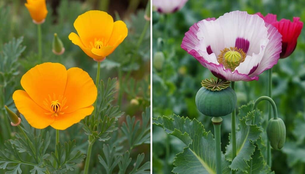 slaapmutsje slaapmiddel verschil toont tussen het Slaapmutsje Eschscholzia californica en de Slaapbol Papaver somniferum.