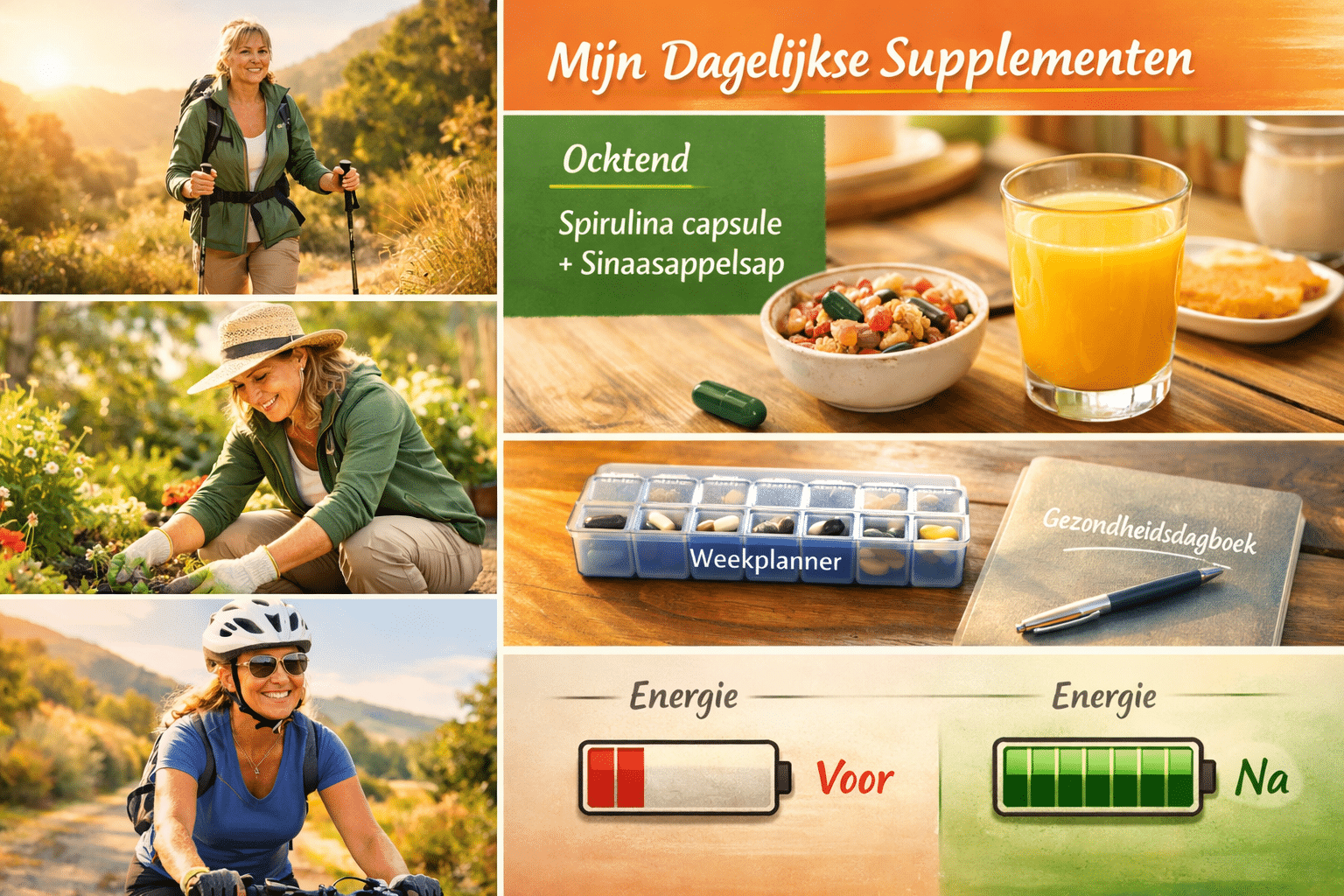 Afbeeldingen met Nederlandse tekst Landscape format (1536x1024) lifestyle image showing active 50-year-old woman enjoying outdoor activities