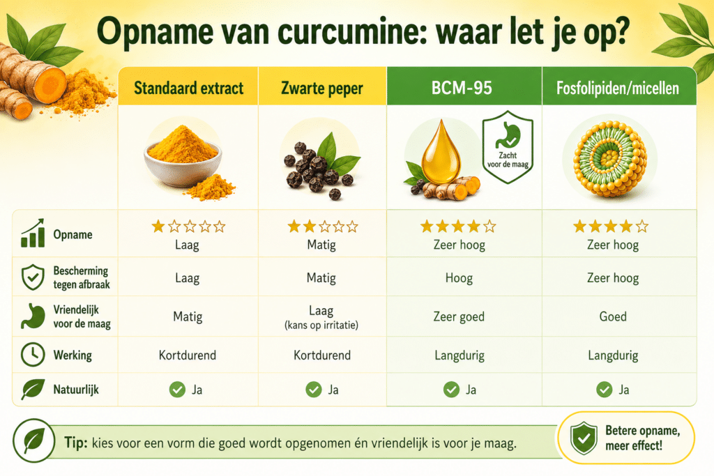 vergelijkingstafel als visuele infographic voor de sectie “welke curcumine supplement absorbeert het best