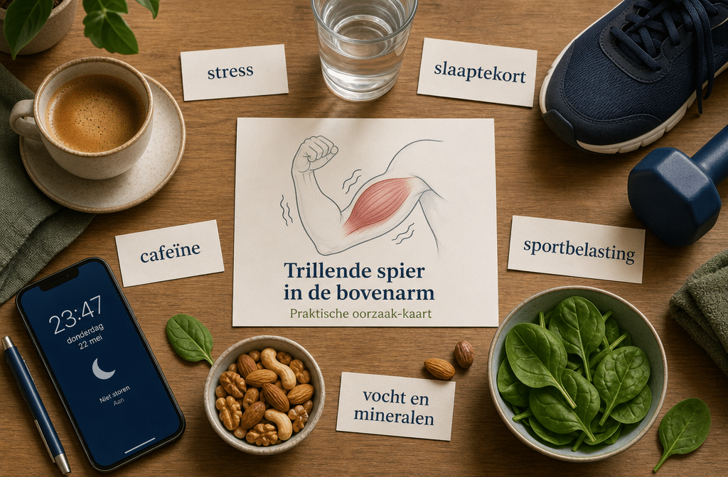 praktische oorzaak-kaart voor een trillende spier bovenarm.