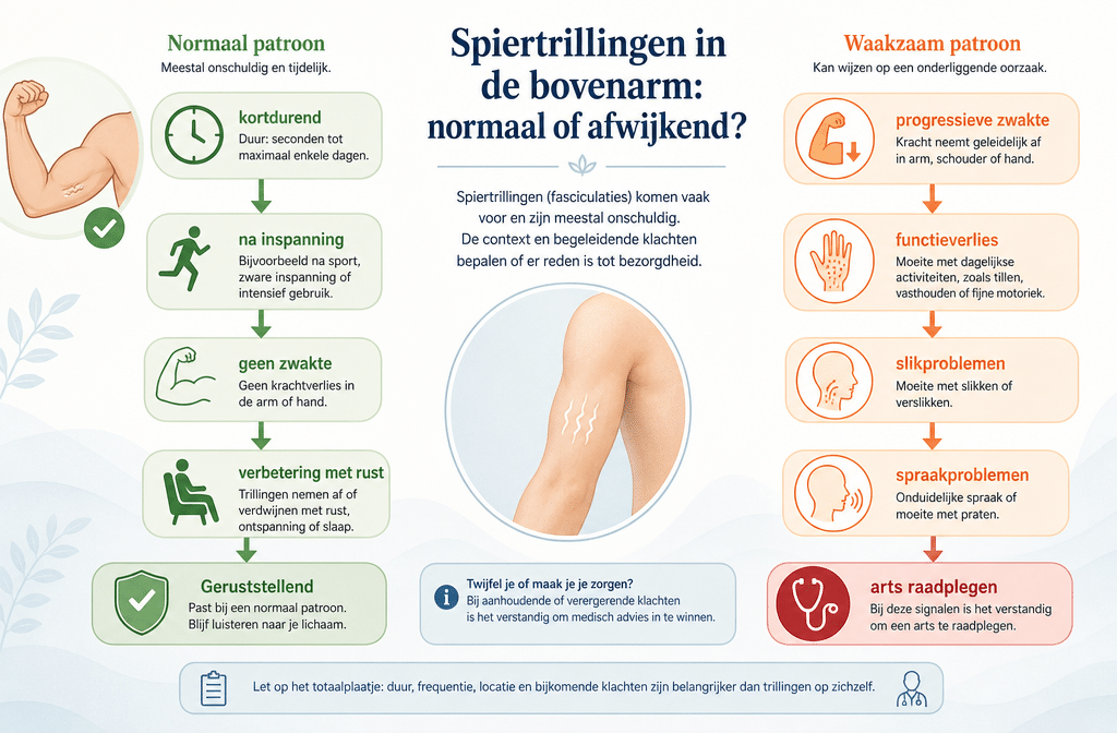 beslisboom-infografiek voor normale versus abnormale spiertrillingen in de bovenarm