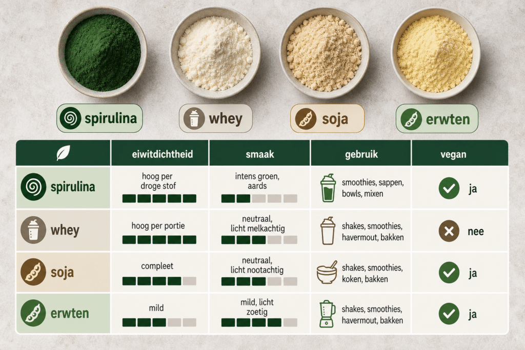 Hoe verhoudt spirulina-eiwit zich tot whey of andere plantaardige eiwitten?