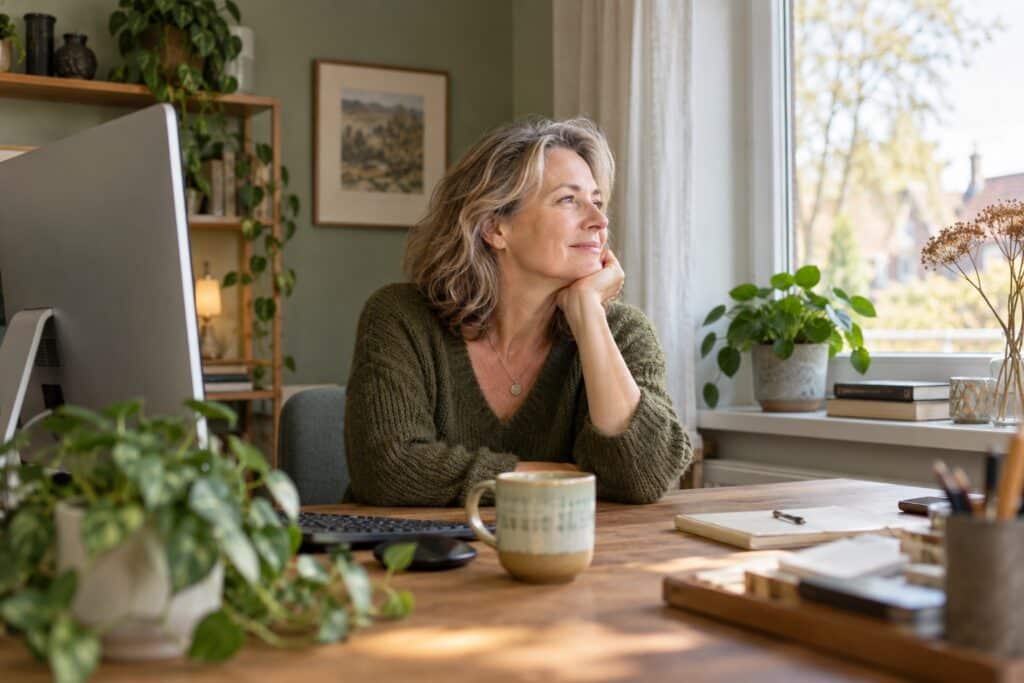 Vrouw van middelbare leeftijd neemt een kijkpauze bij het raam aan haar computerwerkplek