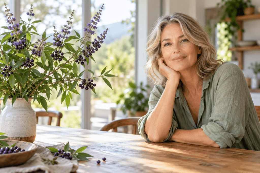 Vrouw met monnikspeper (Vitex agnus-castus) tijdens de overgang