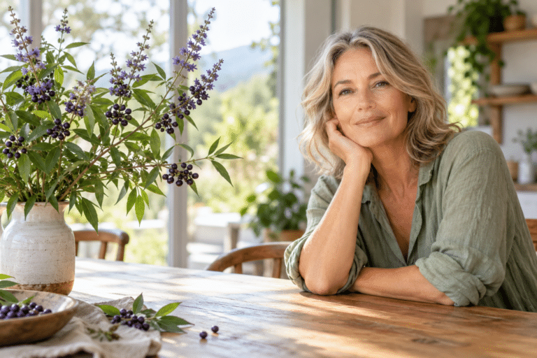 Vrouw met monnikspeper (Vitex agnus-castus) tijdens de overgang
