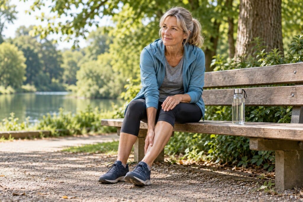 Een vrouw neemt na een wandeling rustig plaats op een bank in het park, met een waterfles naast haar.