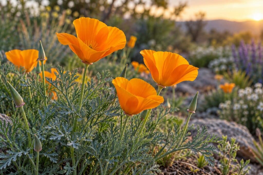 Oranje slaapmutsjebloemen (Eschscholzia californica) met fijn verdeeld grijsgroen blad in avondlicht.