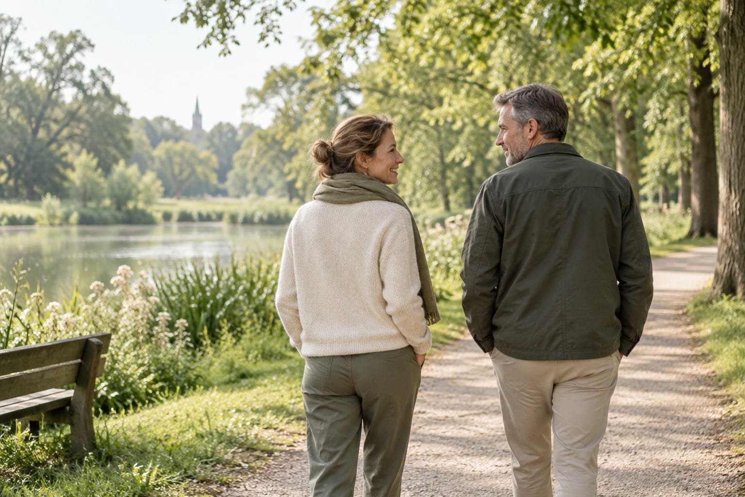 Twee volwassenen wandelen rustig in een groen park.