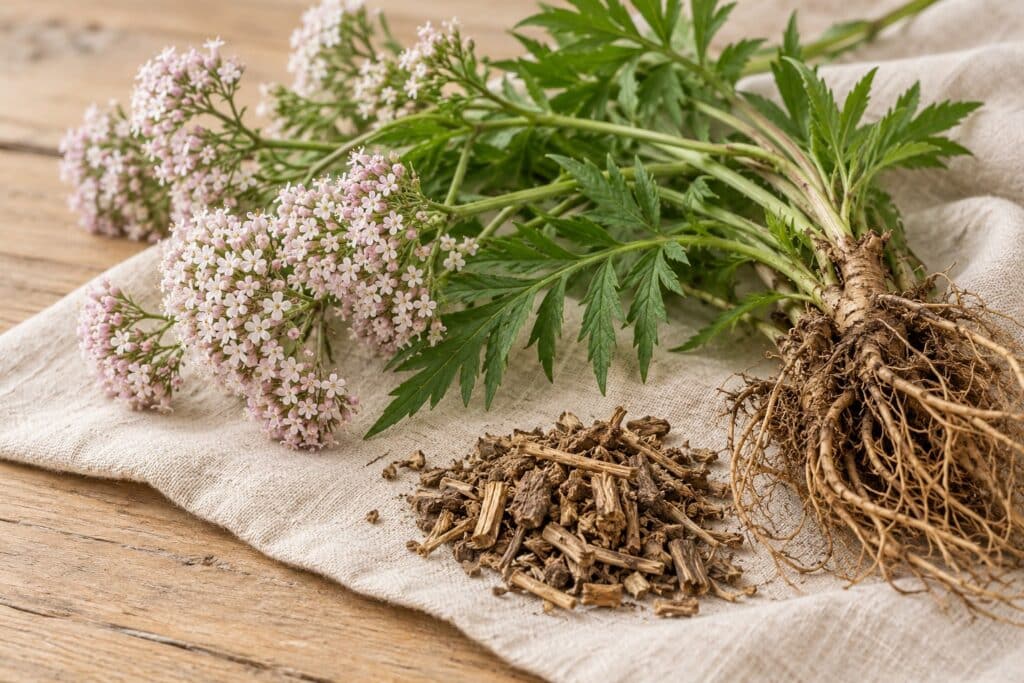 Valeriaan met lichtroze bloemen, groen blad en vezelige wortels naast gedroogde wortel op een lichte ondergrond.